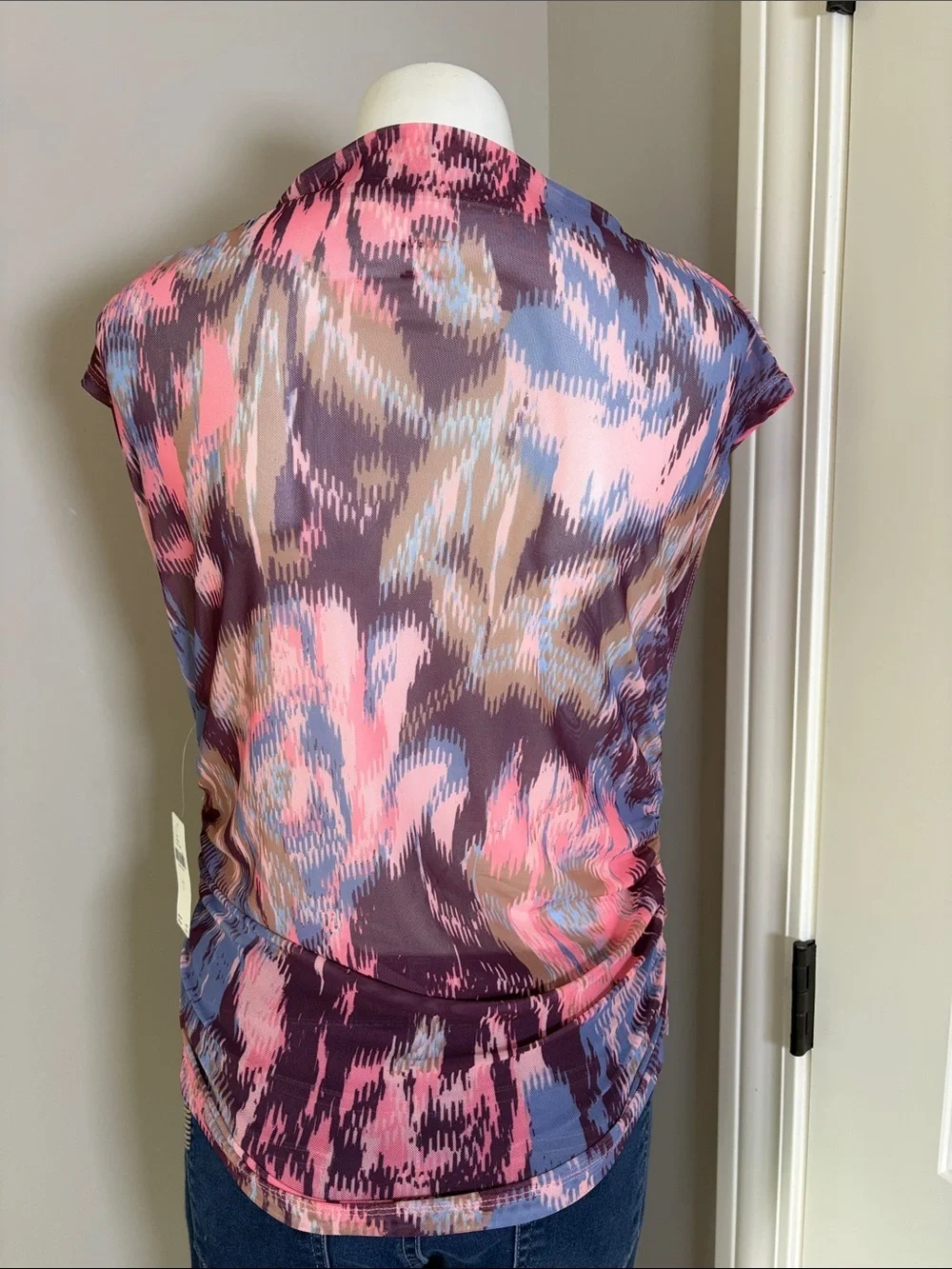 Anthropologie Maeve Mock Neck Mesh Muscle Top Side Ruched Pink Brown Sz L NEW